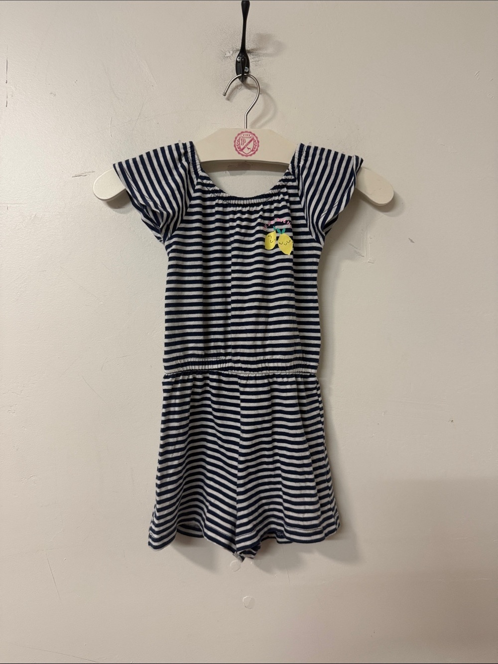 Girls Navy & White Striped Romper with Lemon Patch